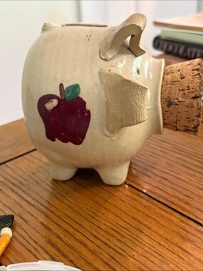 Artisan Cream Ceramic Piggy with Red Apple Motif